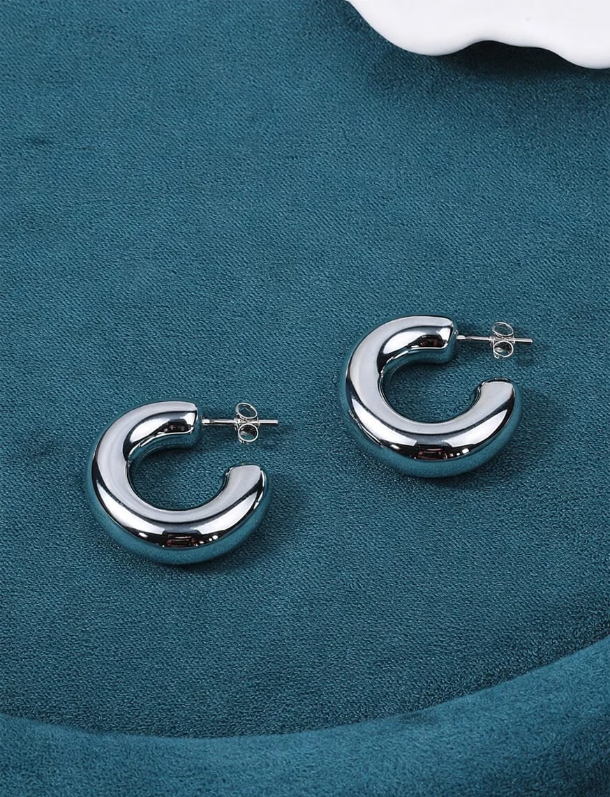 Modern Moon Curve Hoops Earrings - Silver