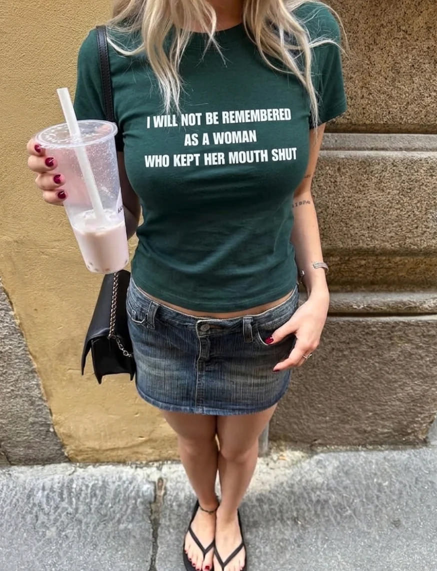 I Will Not Be Remembered As A Woman IT Girl Baby Tee For Women - Bottle Green – thumbnail 3