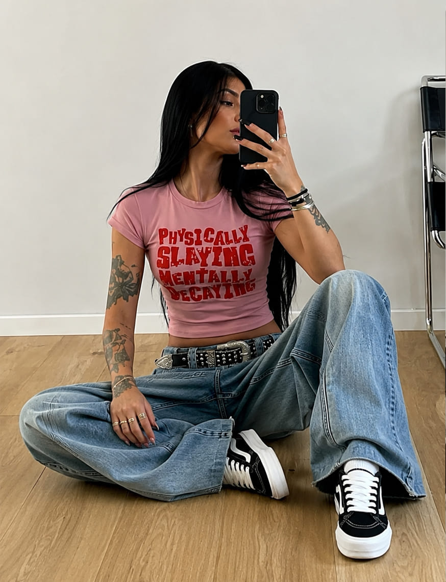 Physically Slaying Mentally Decaying IT Girl Baby Tee For Women - Baby Pink – thumbnail 3