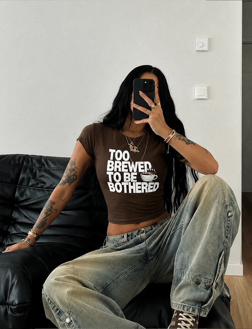 Too Brewed To Be Bothered IT Girl Baby Tee For Women - Espresso Brown – thumbnail 5