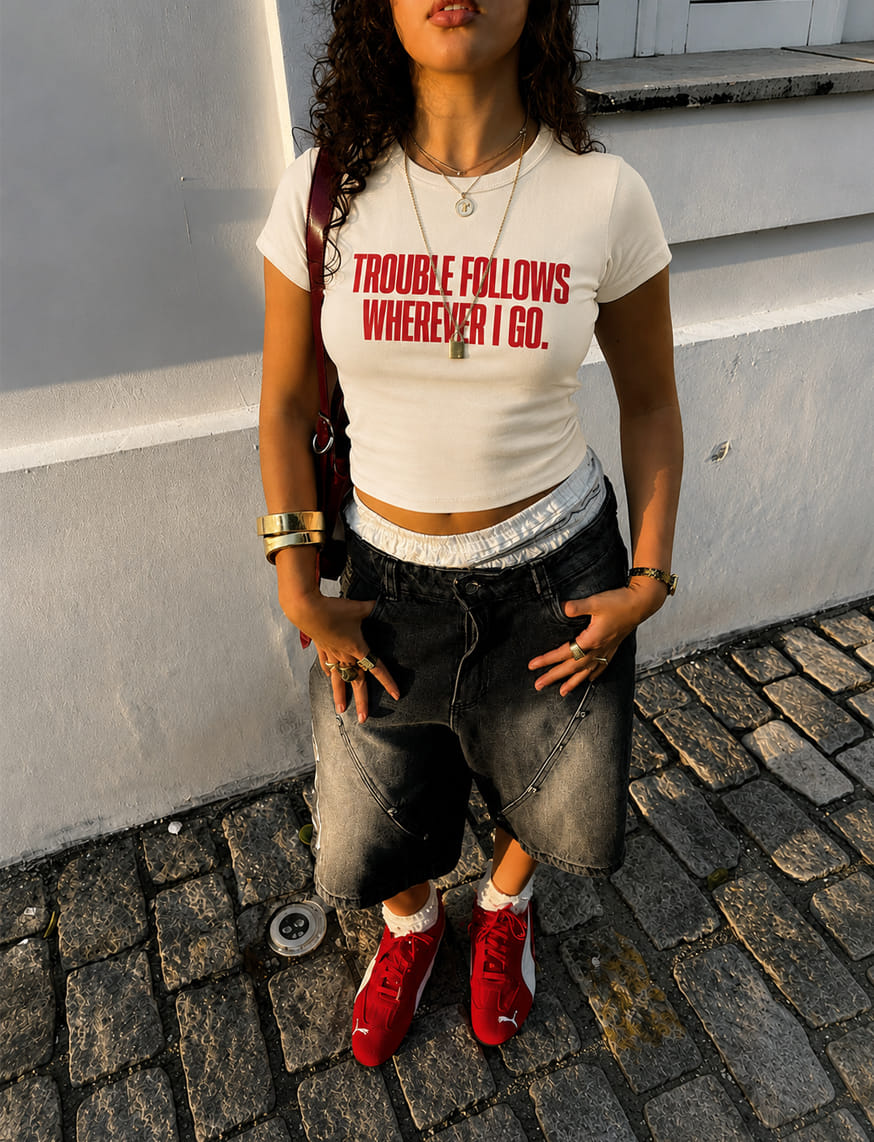 Trouble Follows Wherever I Go IT Girl Baby Tee For Women - Off White – thumbnail 3