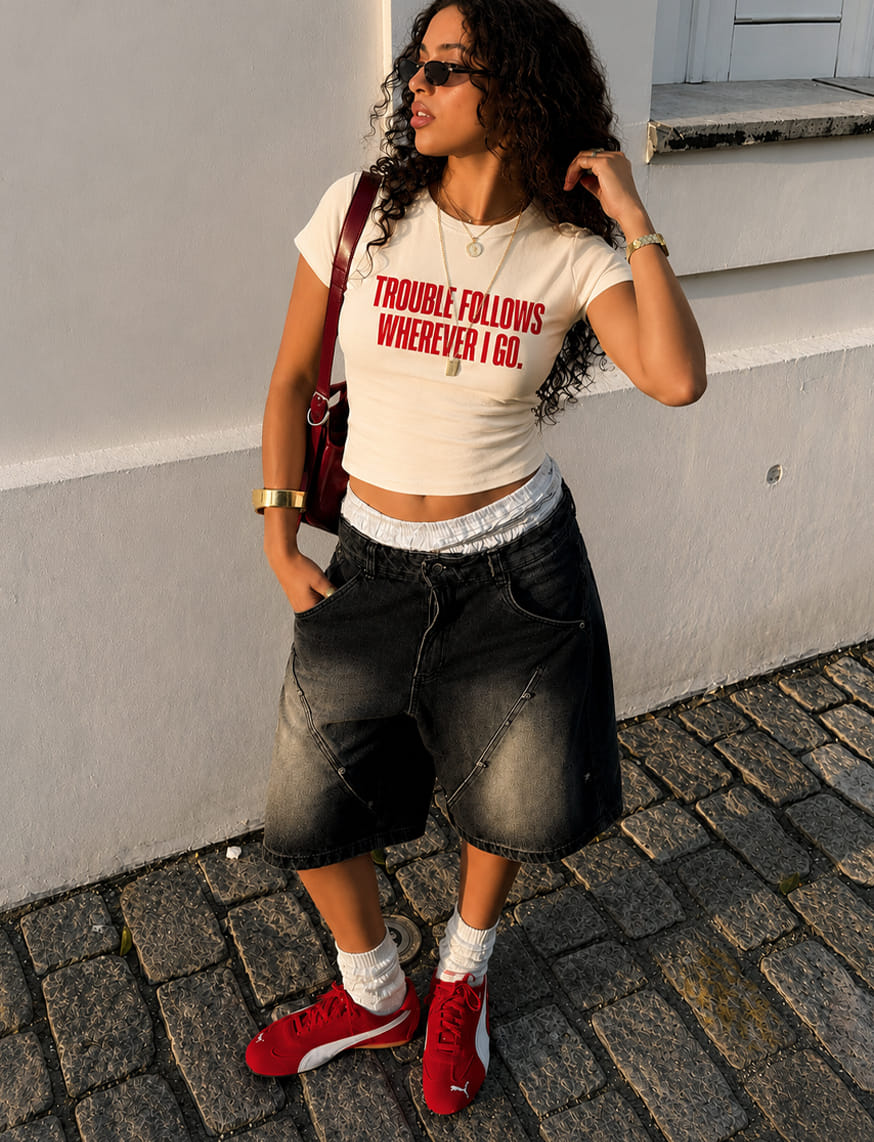 Trouble Follows Wherever I Go IT Girl Baby Tee For Women - Off White – thumbnail 4